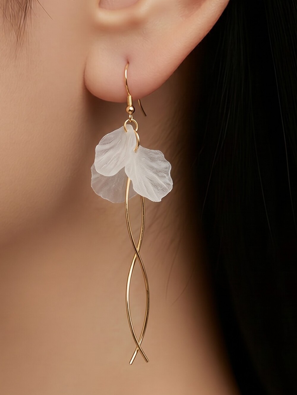 White Frosted Petal Dangle Earrings Windchime Floral Statement Drop Feminine